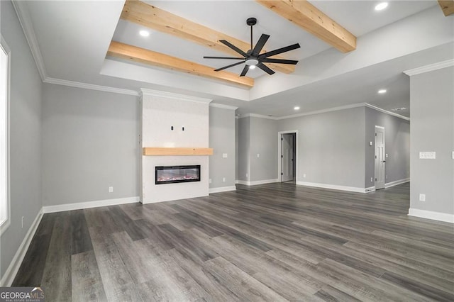 unfurnished living room with crown molding, a fireplace, and ceiling fan