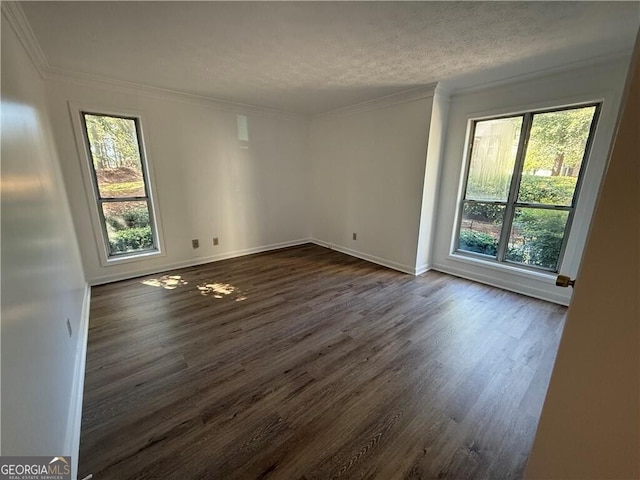 empty room with a textured ceiling, crown molding, plenty of natural light, and dark wood-type flooring