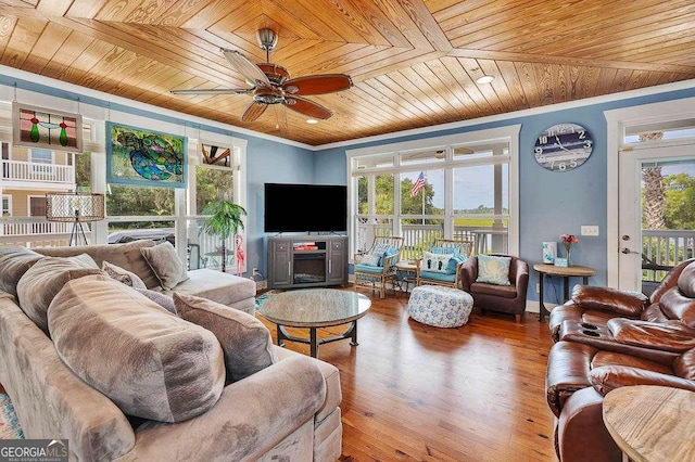 living room featuring hardwood / wood-style floors, ceiling fan, wood ceiling, and crown molding