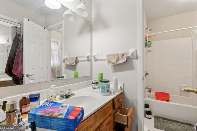 bathroom with vanity and shower / tub combo with curtain