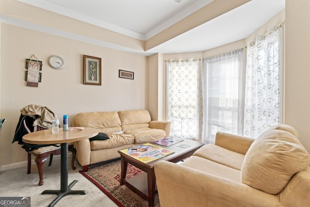 carpeted living room featuring ornamental molding