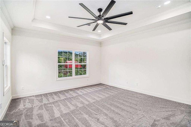 spare room featuring a raised ceiling, crown molding, and carpet flooring