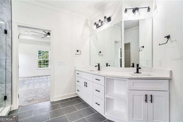 bathroom featuring ceiling fan, crown molding, vanity, and walk in shower