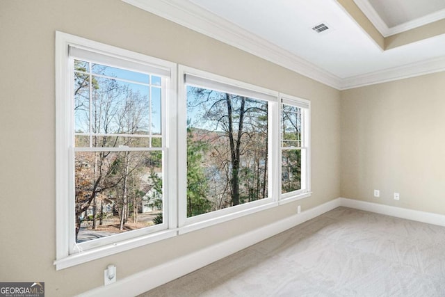 unfurnished room featuring light colored carpet, crown molding, and a wealth of natural light