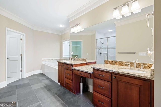 bathroom featuring separate shower and tub, crown molding, and vanity