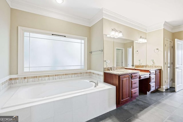 bathroom with a wealth of natural light, tile patterned floors, tiled bath, crown molding, and vanity