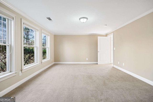 carpeted spare room featuring ornamental molding