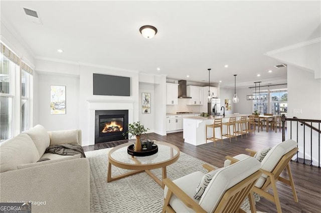 living room featuring dark hardwood / wood-style floors and crown molding