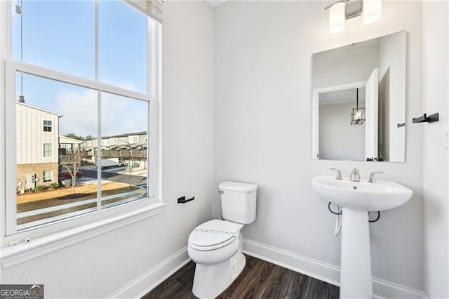 bathroom featuring a wealth of natural light, sink, wood-type flooring, and toilet