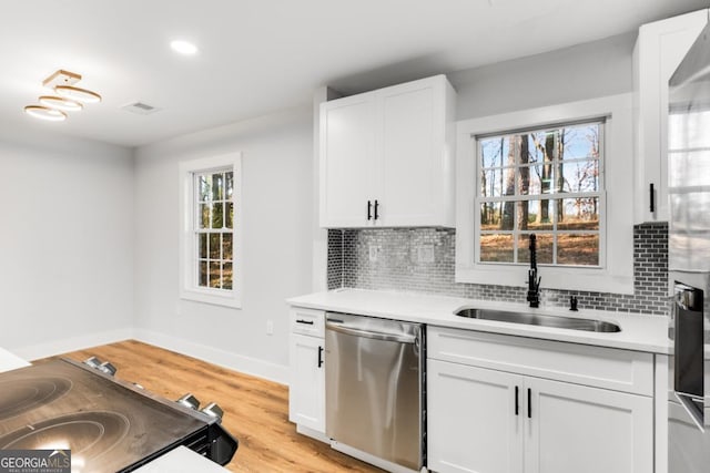 kitchen featuring tasteful backsplash, stainless steel appliances, sink, white cabinets, and light hardwood / wood-style floors