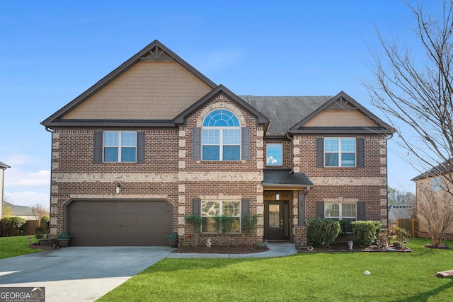 craftsman-style house featuring a garage and a front lawn