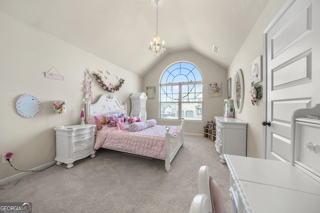 bedroom featuring light colored carpet, vaulted ceiling, and an inviting chandelier