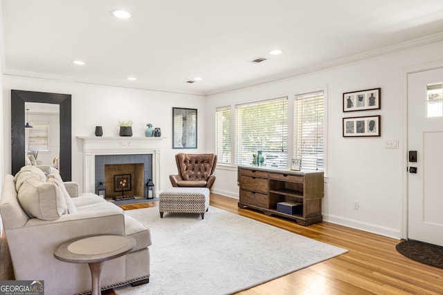 living room with light wood-type flooring and crown molding