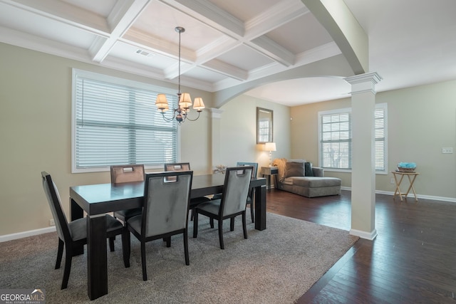 dining room with decorative columns, coffered ceiling, a notable chandelier, beamed ceiling, and dark hardwood / wood-style floors