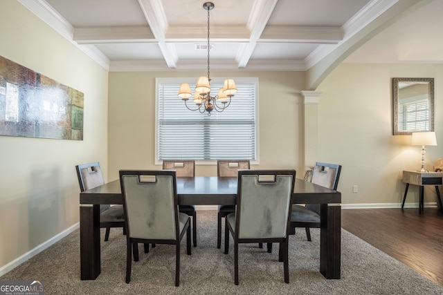 dining space featuring a chandelier, beam ceiling, ornamental molding, and coffered ceiling