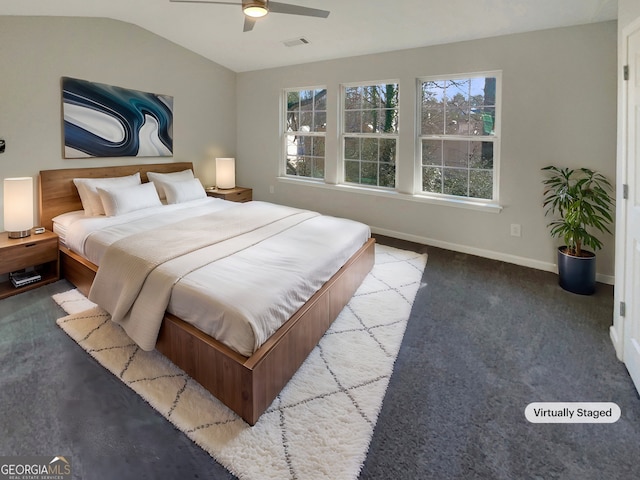 bedroom featuring light colored carpet, ceiling fan, and lofted ceiling