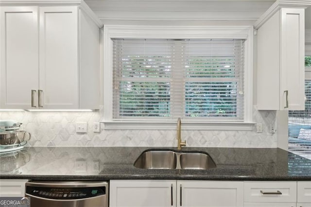 kitchen with white cabinetry, dishwasher, and sink