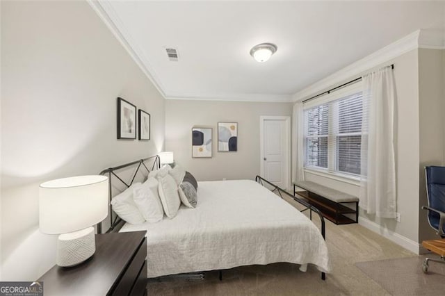 carpeted bedroom with crown molding