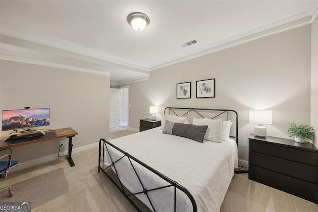 bedroom featuring light colored carpet and crown molding