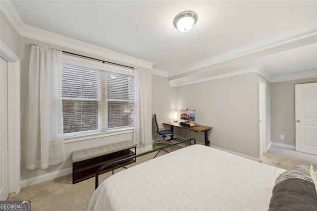 bedroom with light colored carpet and ornamental molding