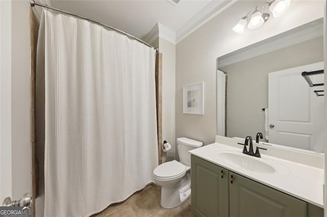 bathroom featuring vanity, tile patterned floors, toilet, ornamental molding, and walk in shower