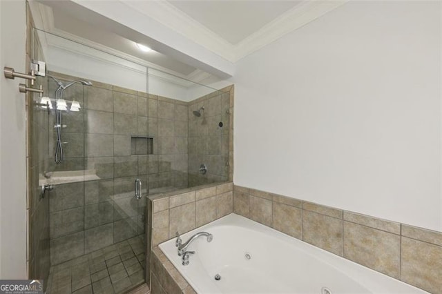 bathroom with shower with separate bathtub and ornamental molding