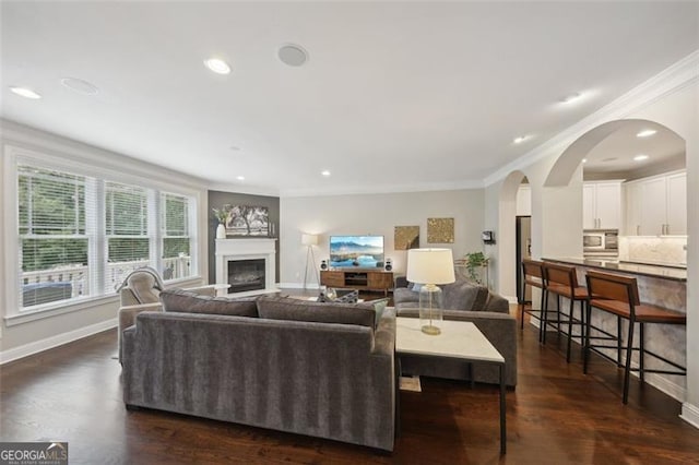 living room with ornamental molding and dark wood-type flooring