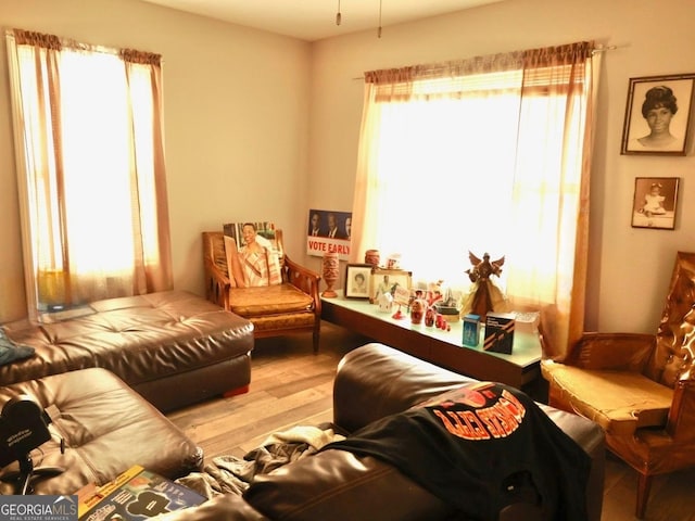 living area with hardwood / wood-style flooring