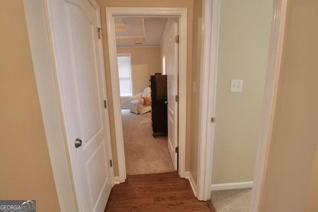 corridor with dark hardwood / wood-style floors