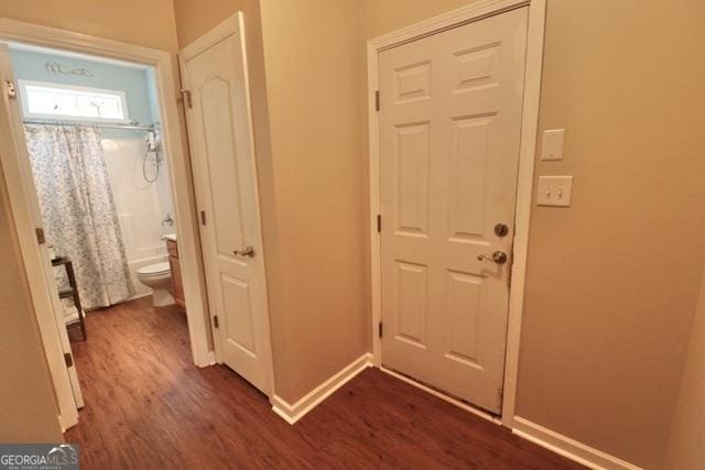 interior space with dark wood-type flooring