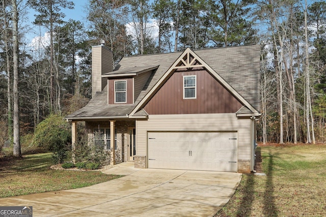 craftsman-style home with a garage and a front lawn