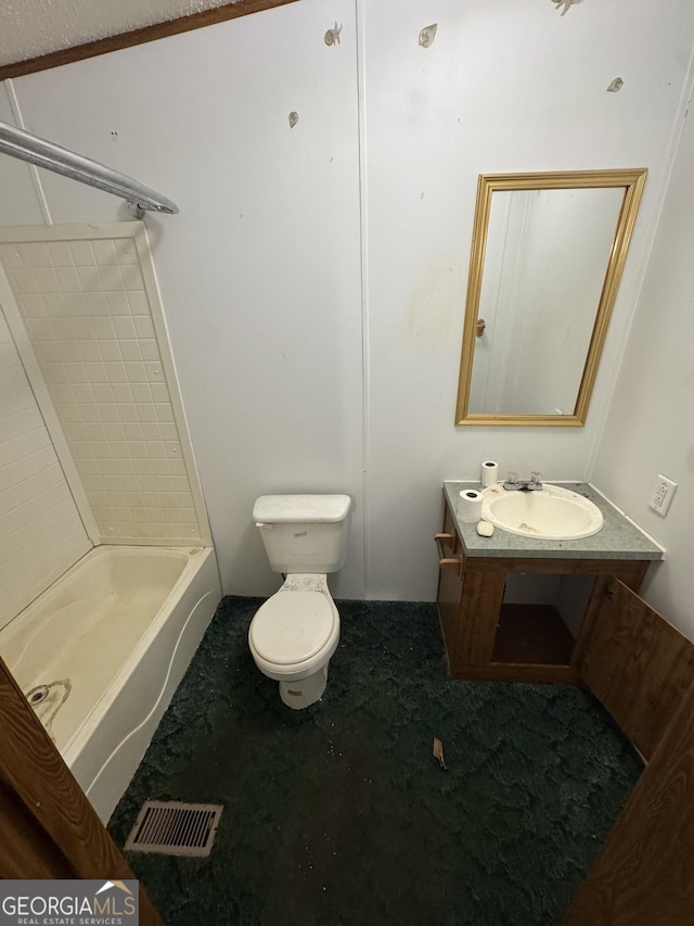 full bathroom with shower / bathing tub combination, vanity, and toilet