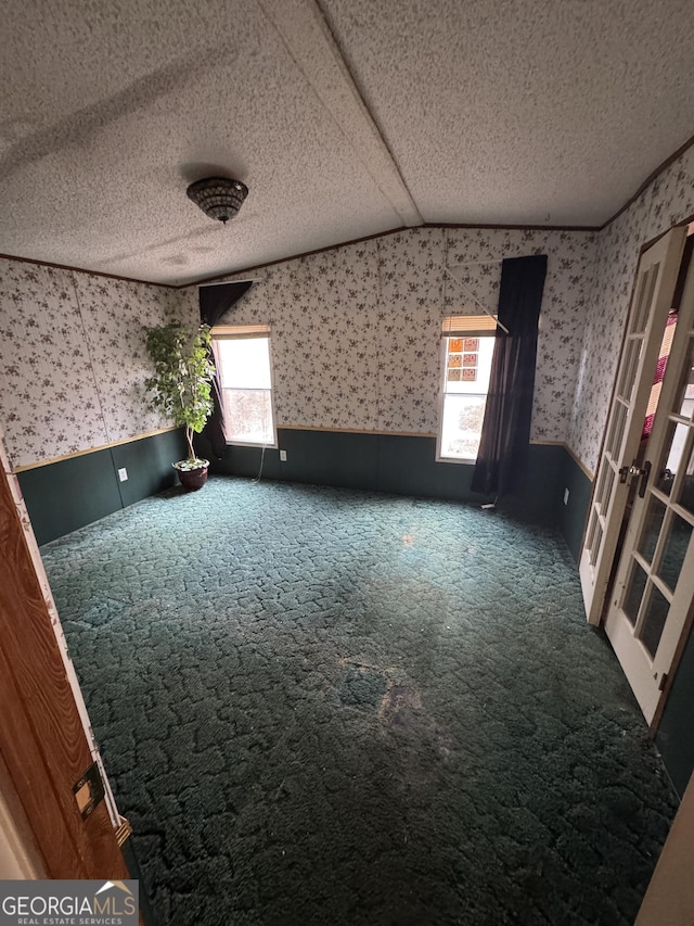 spare room with dark colored carpet, a textured ceiling, and lofted ceiling