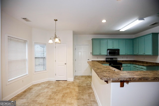 kitchen featuring black range with electric cooktop, decorative light fixtures, green cabinetry, and a notable chandelier