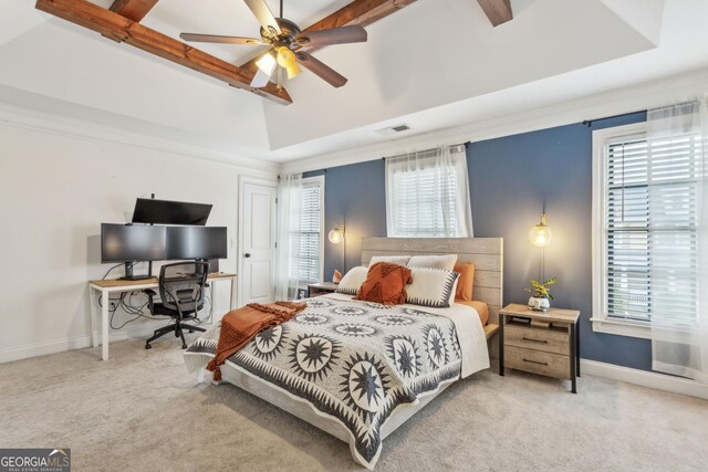 dining room featuring beam ceiling, coffered ceiling, ceiling fan with notable chandelier, and hardwood / wood-style flooring