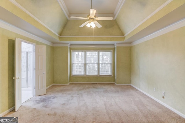 unfurnished room with light carpet, high vaulted ceiling, ceiling fan, and crown molding