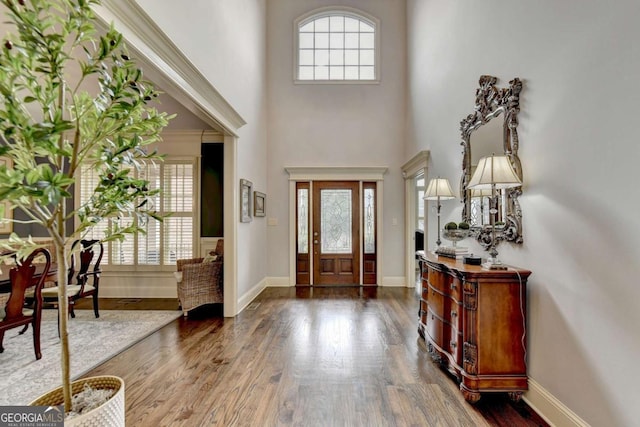 entrance foyer featuring plenty of natural light, dark hardwood / wood-style floors, and a high ceiling