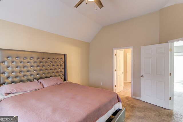 bedroom featuring ceiling fan, light colored carpet, and lofted ceiling