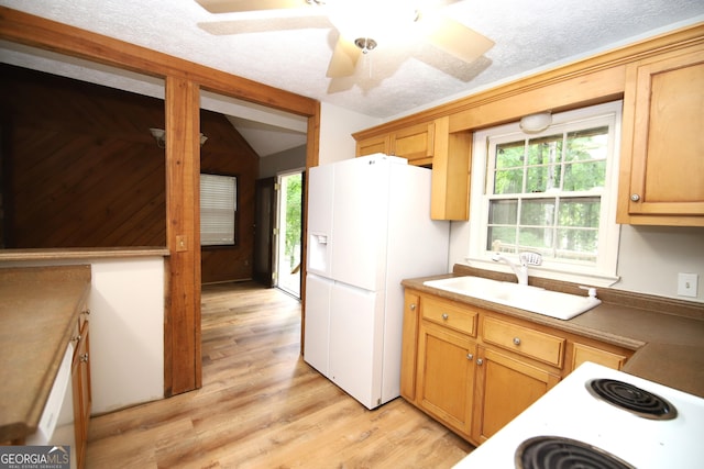 kitchen with a textured ceiling, light wood-type flooring, white fridge with ice dispenser, and sink