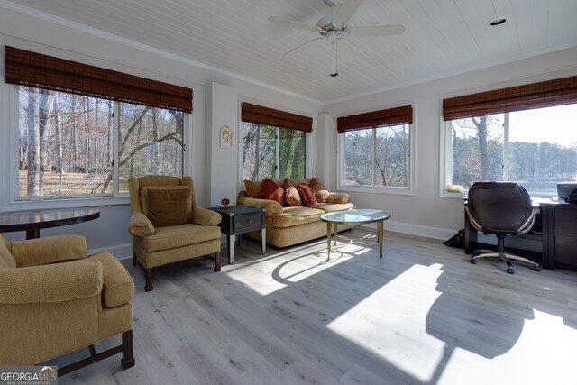 sunroom / solarium with ceiling fan and wood ceiling