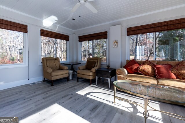 sunroom / solarium featuring ceiling fan and wooden ceiling