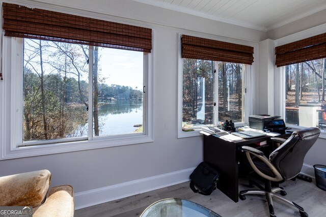 office featuring a water view, wood-type flooring, and crown molding