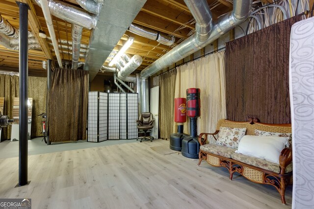 basement featuring light hardwood / wood-style floors