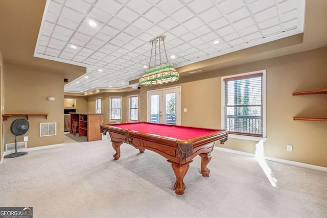 playroom with light carpet, billiards, and french doors