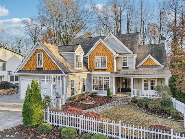 view of front facade featuring covered porch and a garage