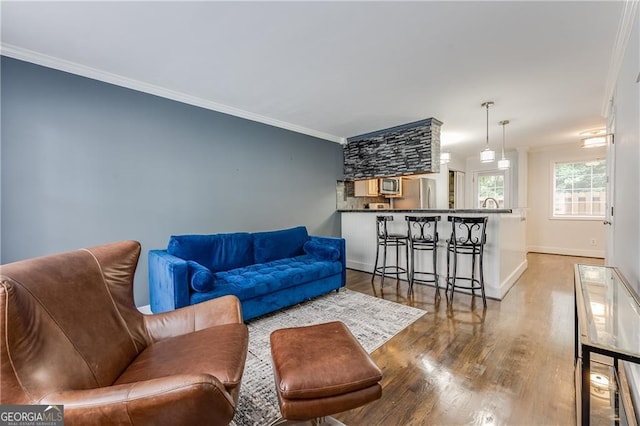 living room with wood-type flooring and ornamental molding