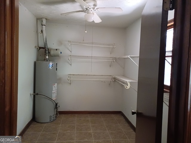 interior space featuring ceiling fan and water heater