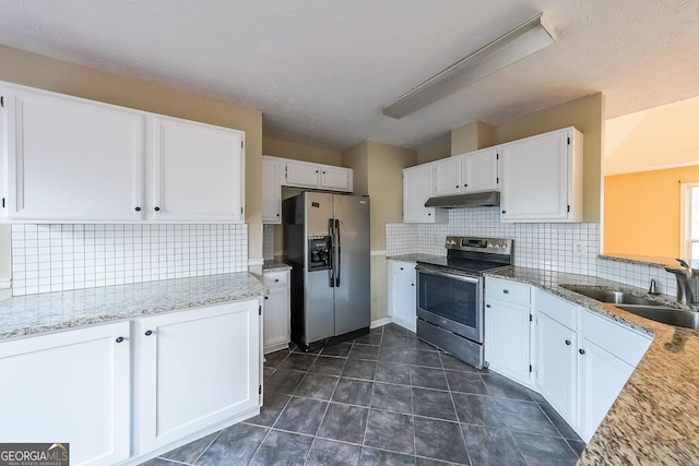 kitchen with tasteful backsplash, sink, white cabinets, and stainless steel appliances