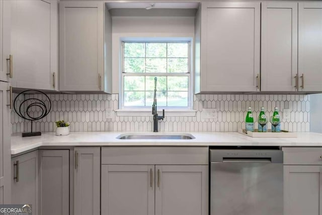 kitchen featuring backsplash, dishwasher, gray cabinetry, and sink