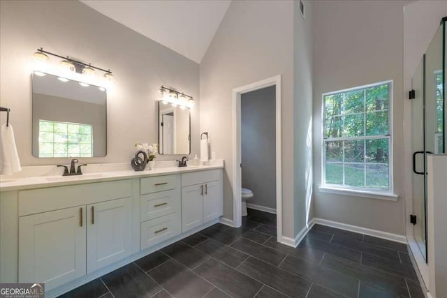 bathroom featuring toilet, vanity, vaulted ceiling, and an enclosed shower